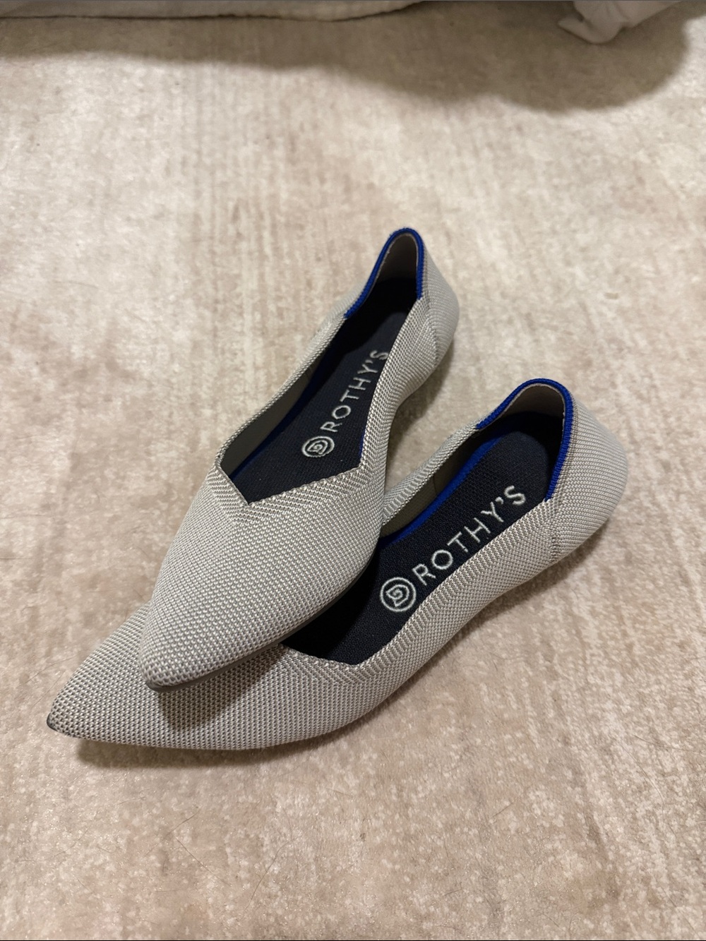 Rothy's Pointed Slip-On Flats in Light Gray with Blue Trim